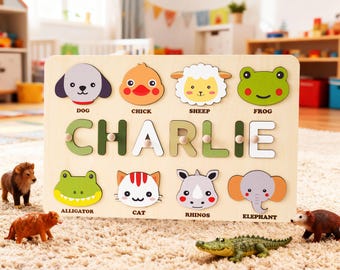 Personalized Baby Name Puzzle, Custom Wooden Animal Puzzle for Toddler, Kids Early Learning Toy, 1st Christmas Gift, 1st Baby Birthday Gift
