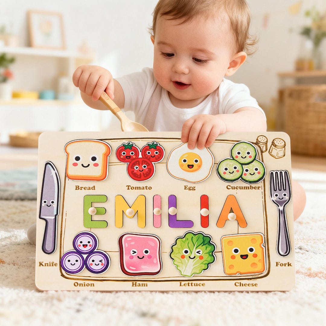 Custom Baby Name Puzzle, Personalized Kids Food Busy Board, Wooden Baby ...