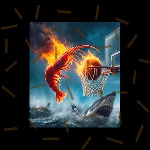 May include: A digital art print depicting a basketball on fire going through a hoop, a large shrimp in flames, and sharks in the ocean. The artwork uses a vibrant colour palette with shades of red, orange, blue, and white.