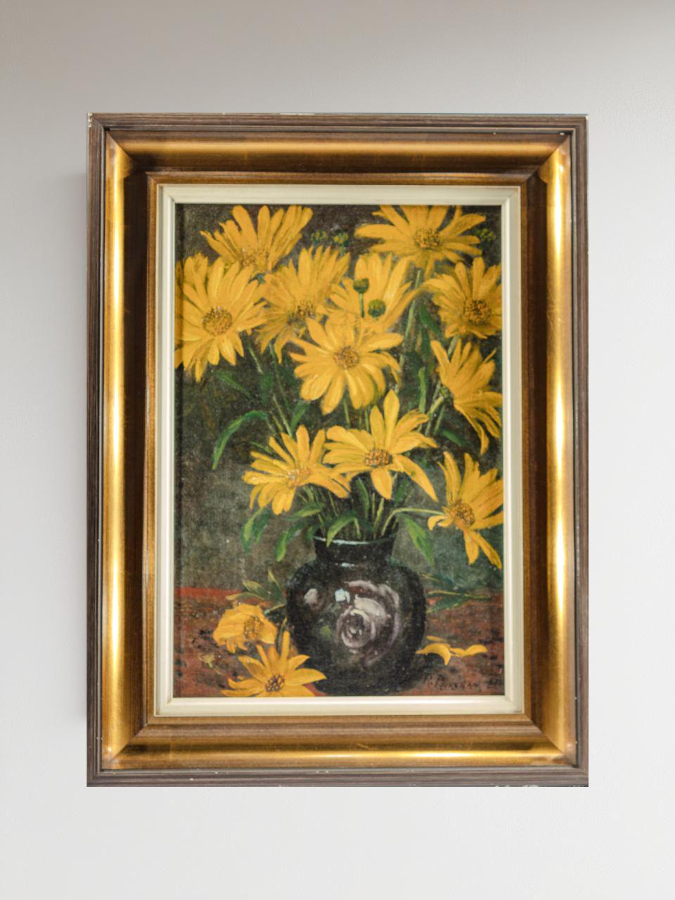 ヴィンテージオリジナル油絵 黄色い花が黒い花瓶に描かれています