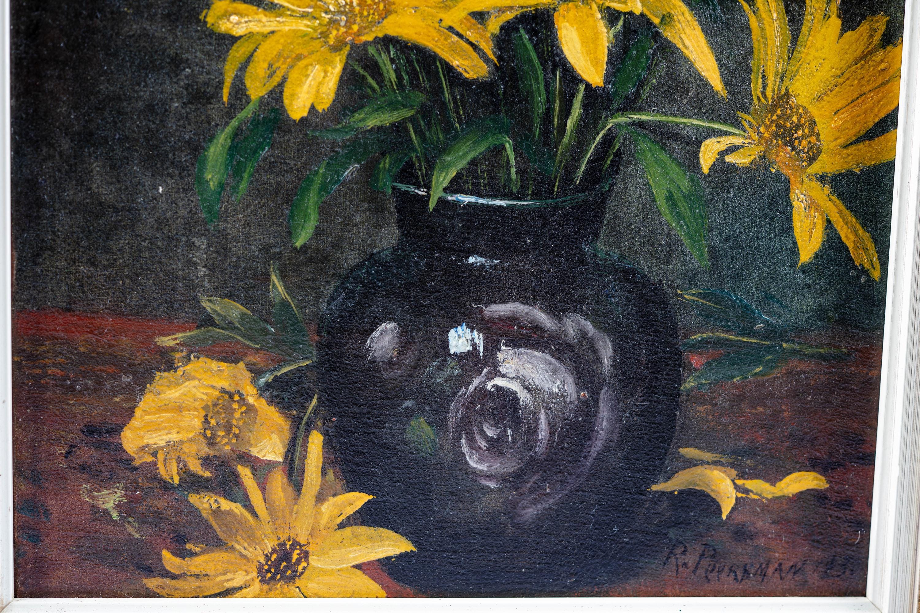 静物画 黒い花瓶 黄色の花 ヴィンテージオリジナル油絵 黄色い花が黒い花瓶に描かれています