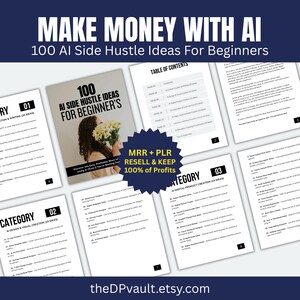 May include: A promotional image for a digital product, featuring a book titled "100 AI Side Hustle Ideas For Beginners." The image includes several pages with content categories and a "MRR + PLR" badge, promoting resale rights.