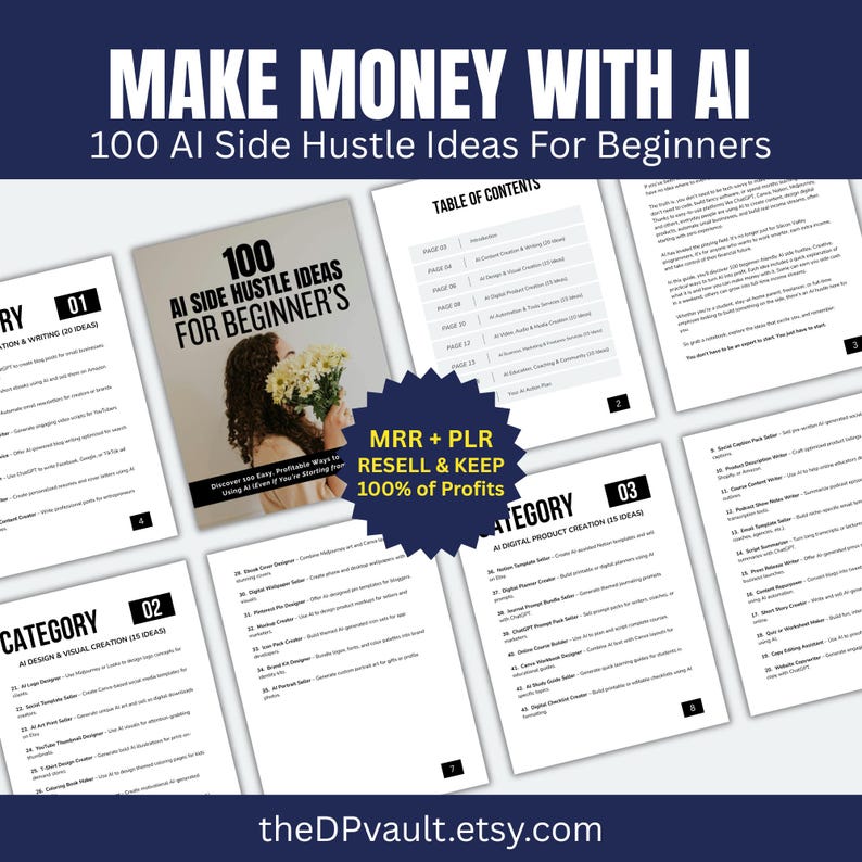 May include: A promotional image for a digital product, featuring a book titled "100 AI Side Hustle Ideas For Beginners." The image includes several pages with content categories and a "MRR + PLR" badge, promoting resale rights.