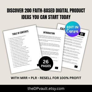 May include: A digital product guide titled Discover 200 Faith-Based Digital Product Ideas You Can Start Today. The document includes a table of contents, an introduction, and page 01 of daily inspirations. A circular badge states 26 Pages.