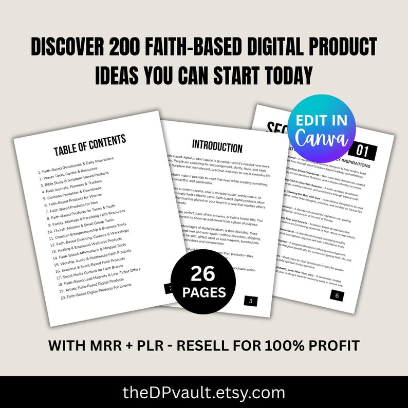 May include: A digital product guide titled Discover 200 Faith-Based Digital Product Ideas You Can Start Today. The document includes a table of contents, an introduction, and page 01 of daily inspirations. A circular badge states 26 Pages.