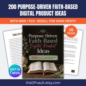 May include: A digital product guide titled 200 Purpose-Driven Faith-Based Digital Product Ideas with MRR and PLR. The cover features an open book, a small plant, and a candle. Includes a table of contents page and a page with 26 pages text.
