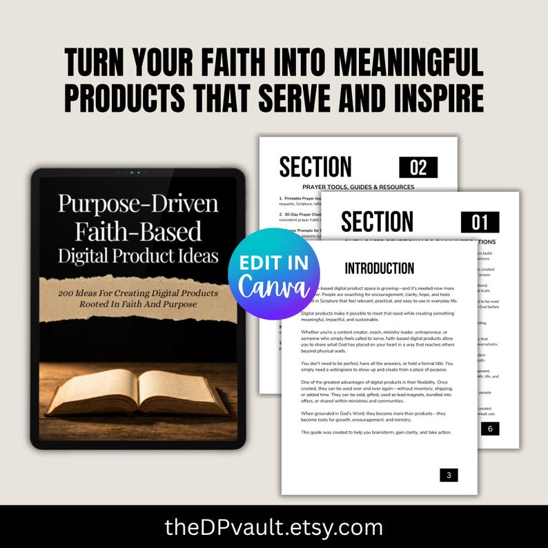 May include: A digital guide titled Purpose-Driven Faith-Based Digital Product Ideas with a book graphic, alongside printed pages labeled Section 01 and 02, featuring an Edit in Canva circular badge and the text Turn Your Faith Into Meaningful Products That Serve And Inspire.