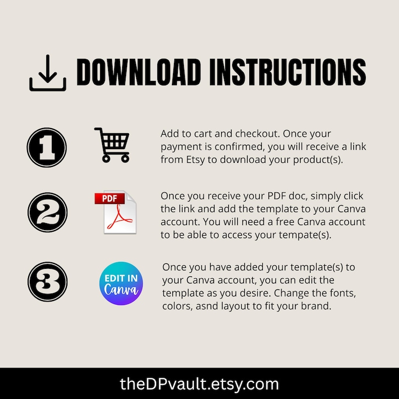 May include: A digital download instruction guide featuring the heading DOWNLOAD INSTRUCTIONS and three numbered steps. Step one shows a shopping cart icon, step two a PDF icon, and step three a Canva icon. The text explains the process to access and edit templates via theDPvault.etsy.com.