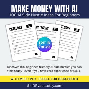 May include: A graphic with the text "MAKE MONEY WITH AI" and "100 AI Side Hustle Ideas For Beginners." It features three pages with lists of AI-related business ideas, including "AI Design & Visual Creation" and "AI Digital Product Creation." The image includes the text "EDIT IN Canva."