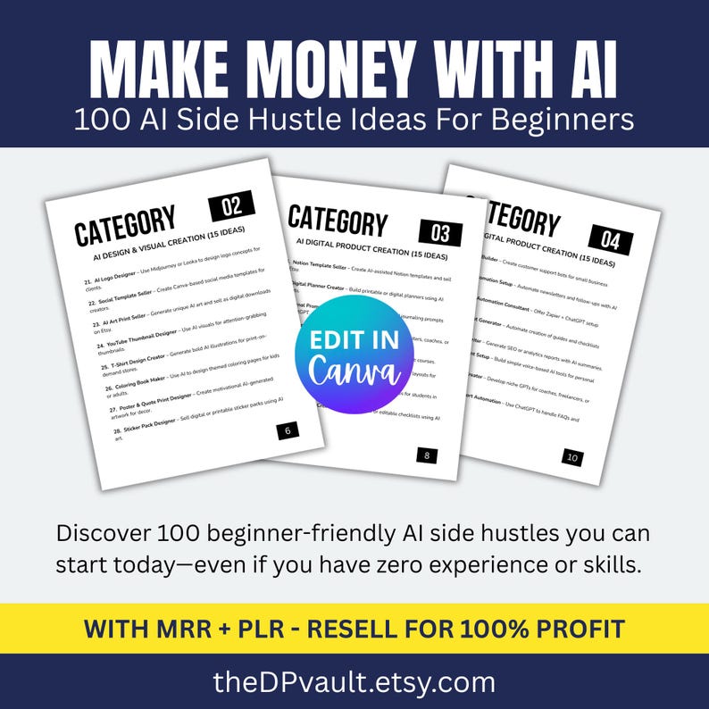 May include: A graphic with the text "MAKE MONEY WITH AI" and "100 AI Side Hustle Ideas For Beginners." It features three pages with lists of AI-related business ideas, including "AI Design & Visual Creation" and "AI Digital Product Creation." The image includes the text "EDIT IN Canva."