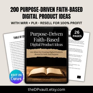 May include: A digital product guide titled 200 Purpose-Driven Faith-Based Digital Product Ideas with MRR + PLR. The document includes a table of contents, 26 pages of content, and a cover featuring an open book on a wooden surface. Edit in Canva.