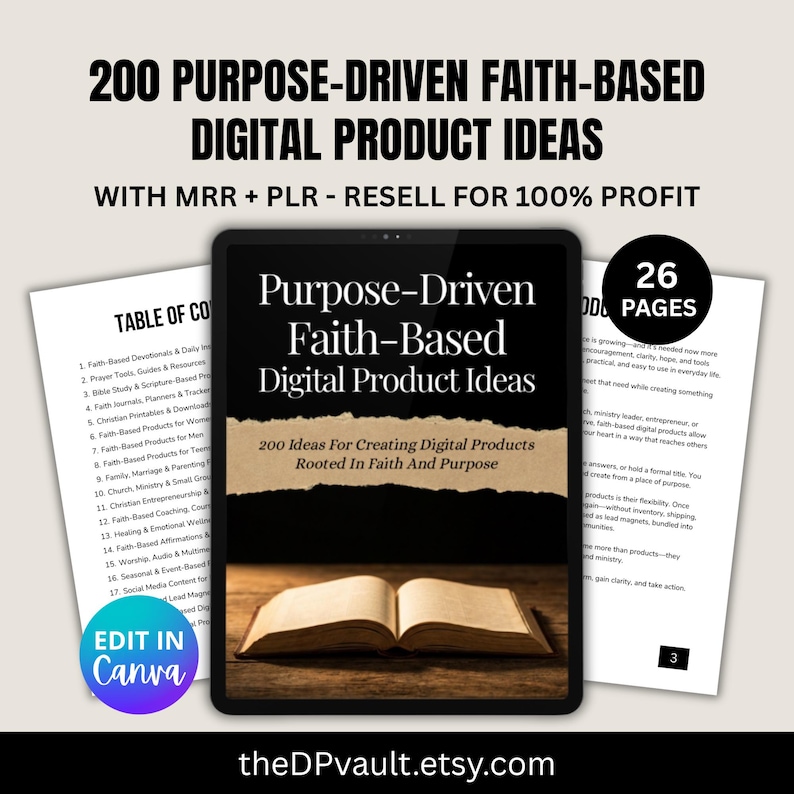 May include: A digital product guide titled 200 Purpose-Driven Faith-Based Digital Product Ideas with MRR + PLR. The document includes a table of contents, 26 pages of content, and a cover featuring an open book on a wooden surface. Edit in Canva.