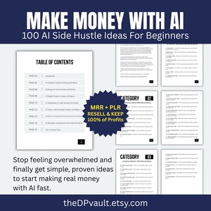 May include: A digital product titled "Make Money With AI" with 100 side hustle ideas for beginners. The image includes a table of contents, category lists, and the text "MRR + PLR RESELL & KEEP 100% of Profits."