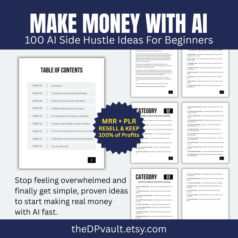 May include: A digital product titled "Make Money With AI" with 100 side hustle ideas for beginners. The image includes a table of contents, category lists, and the text "MRR + PLR RESELL & KEEP 100% of Profits."