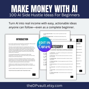 May include: A digital guide titled "MAKE MONEY WITH AI" with 100 side hustle ideas for beginners. The cover features text and a graphic, with a call to action to turn AI into income. The guide includes sections on AI content creation and writing.