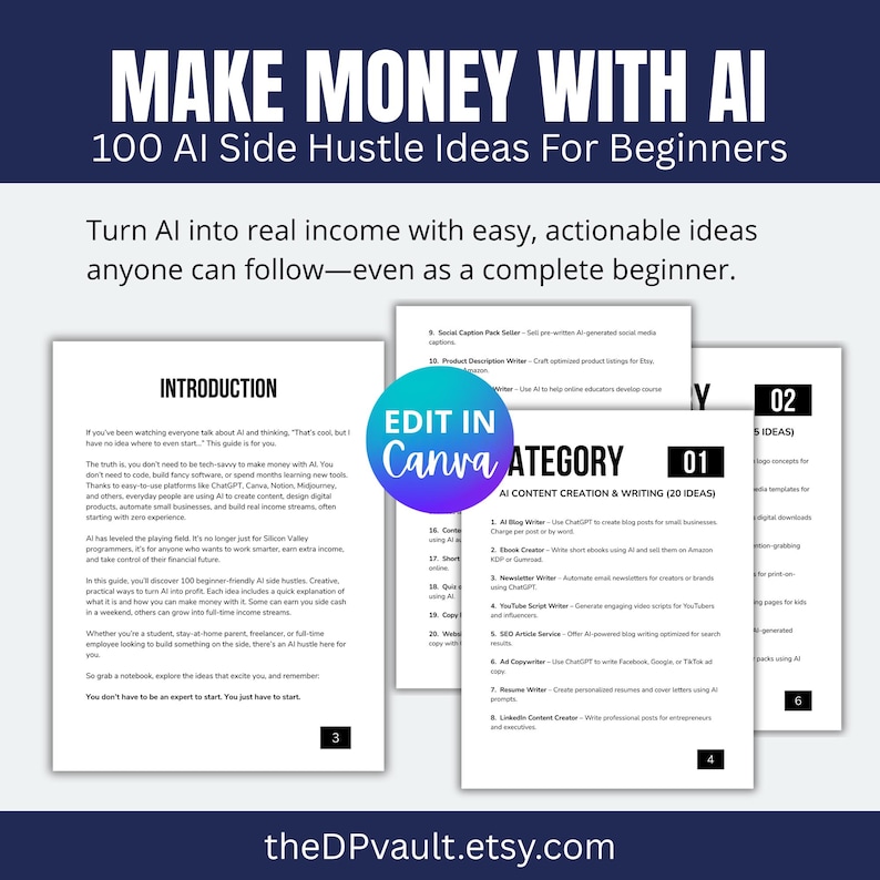 May include: A digital guide titled "MAKE MONEY WITH AI" with 100 side hustle ideas for beginners. The cover features text and a graphic, with a call to action to turn AI into income. The guide includes sections on AI content creation and writing.