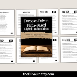 May include: A digital product guide titled Purpose-Driven Faith-Based Digital Product Ideas with 200 Ideas For Creating Digital Products Rooted In Faith And Purpose, featuring an open book image and multiple pages of text content displayed in a grid.