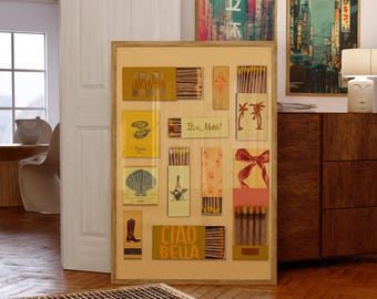 Art mural boîte d'allumettes jaune, décoration de chambre preppy moutarde, impression de chariot de bar, décoration murale éclectique, affiche Ciao Bella, appartement tendance, pochette d'allumettes