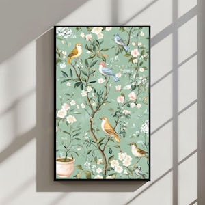 Green Chinoiserie Poster | Birds & Floral Printable | Trendy Japanese-Inspired Digital Download | Elegant Nature Poster for Home Decor