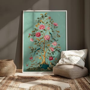 Green Chinoiserie Poster  | Birds & Floral Printable | Trendy Japanese-Inspired Digital Download | Elegant Nature Wall Art for Home Decor