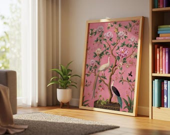 Roze chinoiserie-muurkunst: vintage bloemenprint pioen en vogel