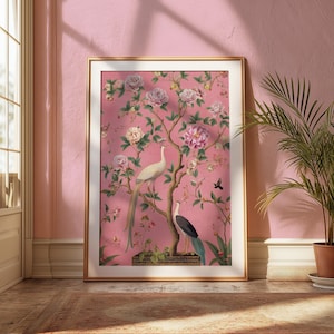 Pink Chinoiserie Poster  Birds & Floral Printable Trendy Japanese-Inspired Digital Download  Elegant Nature Wall Art for Home Decor