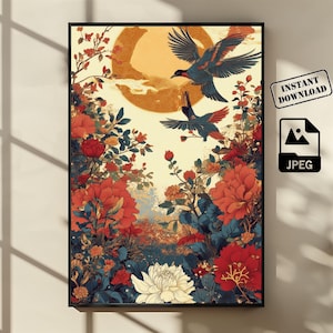 Chinoiserie Poster | Floral And Bird Printable | Trendy Japanese-Inspired Digital Download | Elegant Nature Poster for Home Decor