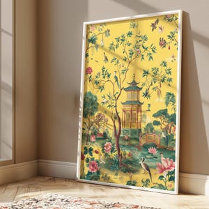 Yellow Chinoiserie Poster  Birds & Floral Printable Trendy Japanese-Inspired Digital Download  Elegant Nature Wall Art for Home Decor
