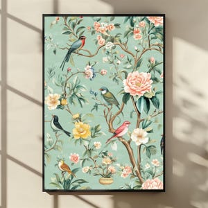 Green Chinoiserie Poster  | Birds & Floral Printable | Trendy Japanese-Inspired Digital Download | Elegant Nature Wall Art for Home Decor
