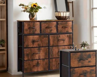 Fabric Chest of Drawers: Vintage Style, Wooden Top, Steel Frame