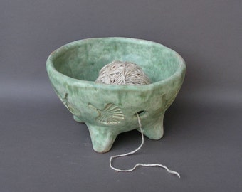 Large Stoneware Yarn Bowl with Imprinted Ginkgo Leaves