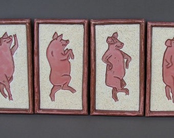 Prancing and Pirouetting Pink Piglets on Four Hanging Stoneware Tiles