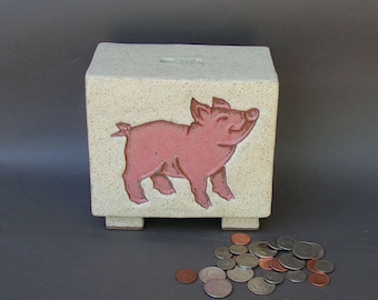 Stoneware Coin Bank with Smiling Pink Piglet