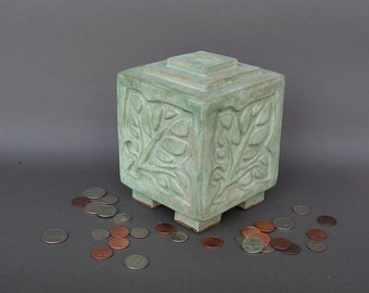 Light Green Stoneware Coin Bank with Arts & Crafts Leaf Design