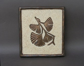 Hanging Stoneware Tile with Gold Glazed Ginkgo Branch with Leaves and Raised Border