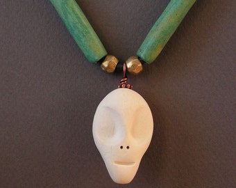Necklace of Handmade Blue-Green Porcelain Tube Beads and Classic Alien Head Pendant