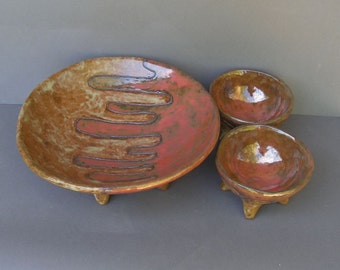 Large Stoneware 4-Legged Bowl with Two Smaller Matching Bowls, Glazed in Caramel and Copper