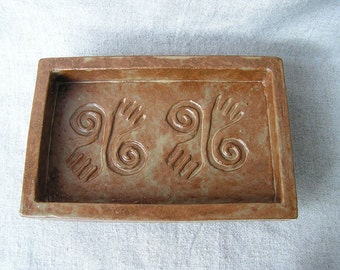 Stoneware dish/tray with ancient Mexican stamp design