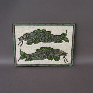 Stoneware tile with two green carp image 1