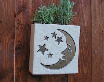 Large Hanging Stoneware Planter with Moon and Stars in Burnished Gold