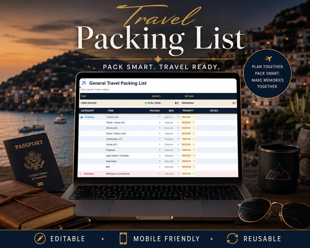 Travel Packing List| Google Sheets | Trip Packing Checklist | Vacation ...