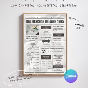 Geschenk zum 60. Hochzeitstag, Geburtstag| Diamanten Hochzeit 1965 | 60 Jahre Ehe| Trauung 1965| Lastminute Geschenk zum sofort ausdrucken
