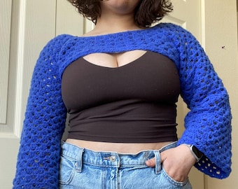 Custom Blue Bolero Shrug, Handmade Soft Sleeves, Made to Order Crocheted Granny Stitch Trendy Spring Bolero