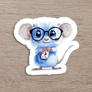 Sticker vinyle petite souris adorable – Illustration crayon de couleur imprimé – Souris avec lettre, décoration planner, stocker pc