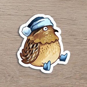 Sticker vinyle caille mignonne – Illustration hivernale dessinée à la main – Petite caille avec bonnet, décoration planner, sticker laptop