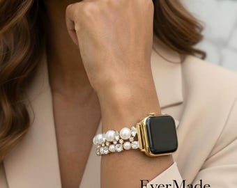Guld Silver Pärla Apple Watch Band iWatch Band, Guldarmband, Lyxigt Smyckearmband för Damer, Serie 11–6, 38–49 mm, Present till Henne