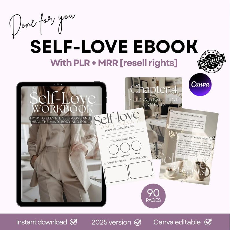 PLR MRR Self Love Ebook + Workbook Planner | Editable Canva Template ...