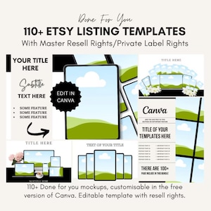 May include: A digital graphic showcasing Etsy listing templates. The image features mockups of various devices with customizable designs. Text includes "110+ Etsy Listing Templates" and "Edit in Canva". The templates are designed for master resell rights.
