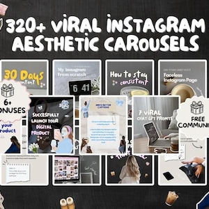 Pode incluir: Imagem com o texto "320+ VIRAL INSTAGRAM AESTHETIC CAROUSELS" em branco, com várias dicas de marketing digital e mídia social. A imagem inclui gráficos com texto como "30 Days Content", "6+ Bonuses" e "Free Community".