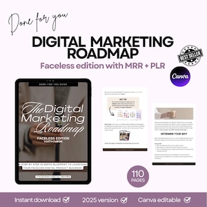 Può includere: Guida Digital Marketing Roadmap, edizione Faceless con MRR + PLR. Il titolo è in grassetto. La guida include 110 pagine ed è modificabile su Canva. Download immediato, versione 2025.